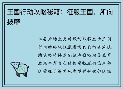 王国行动攻略秘籍：征服王国，所向披靡
